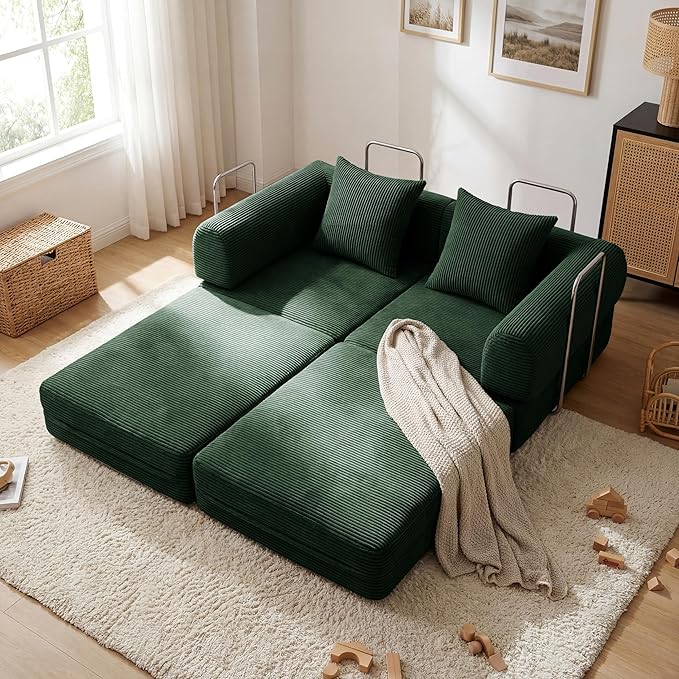 Convertible Compressed Corduroy Folding Cloud Sofa Bed, 59'' Modern Boneless Pull Out Loveseat Sleeper in a Box, 5 in 1 Floor Mattress Futon Cloud Couch, No Assembly Needed, Green, 2 Pillows, Queen