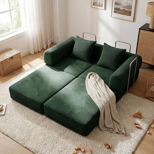 Convertible Compressed Corduroy Folding Cloud Sofa Bed, 59'' Modern Boneless Pull Out Loveseat Sleeper in a Box, 5 in 1 Floor Mattress Futon Cloud Couch, No Assembly Needed, Green, 2 Pillows, Queen