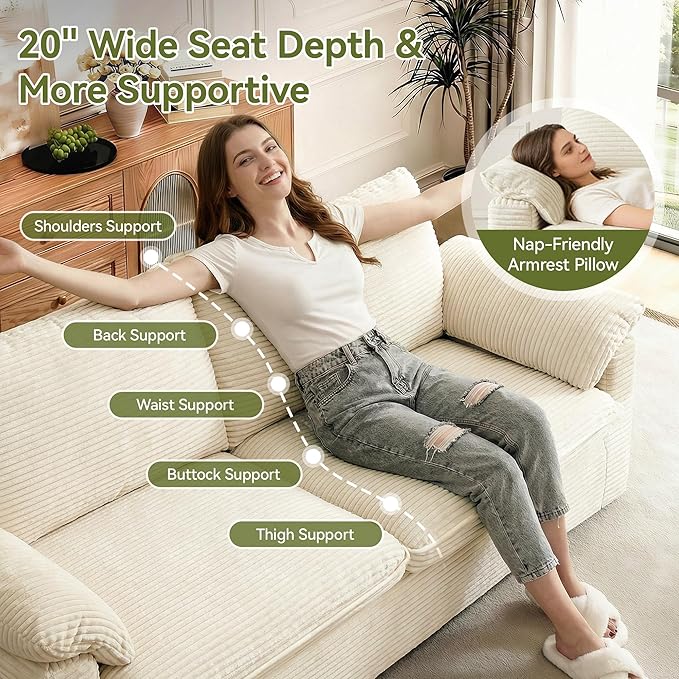 86" Loveseat Sofa Beige Corduroy Couch,Modern Cloud Sofa Love Seat, Deep Seat Slipcovered Sofa with 2 Wide Armrest Pillows for Small Spaces Apartment Studio Office Bedroom Living Room