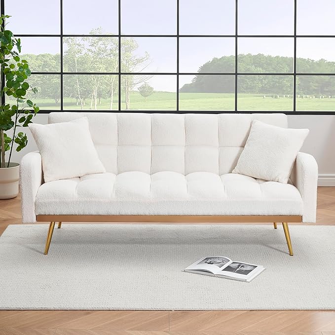 Eafurn Padded Convertible Futon Sofa Bed, Teddy Fleece Fabric Futons Loveseat Couch with Adjustable Backrest, Folding Sleeper Recliner Sofabed for Living Room Furniture | Golden Legs, Wood Frame