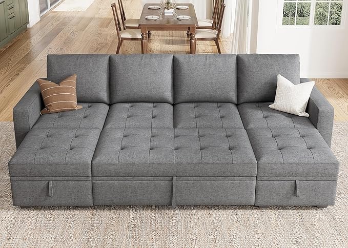 HONBAY Modular Sectional Sleeper Sofa with Pull Out Bed, Linen Convertible L Shaped Couch with Storage Seat, Sectional Couches for Living Room, Grey