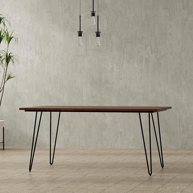 SIMPLIHOME Hunter Dining Table - 66 inch Wide Solid Wood Walnut Veneer Table, Modern Industrial Style for Dining Room or Kitchen with Black Powder-Coated Iron Legs and Hairpin Legs, Seats 6