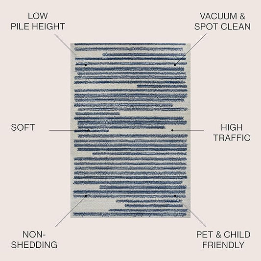 JONATHAN Y Khalil Modern Berber Stripe Cream/Navy Indoor Area Rug, 8x10, Contemporary, Bohemian, Easy-Cleaning for Living Room, Bedroom, Kitchen, Pet Friendly, Non-Shedding (MOH207E-8)
