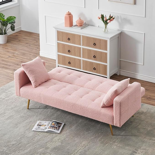 Teddy Fleece Upholstered Folding Futon Sofa Bed Convertible Sleeper Couch with 3 Adjustable Backrest, Recliner Loveseat Lounge Sofabed Daybed with Golden Metal Legs for Living Room Office