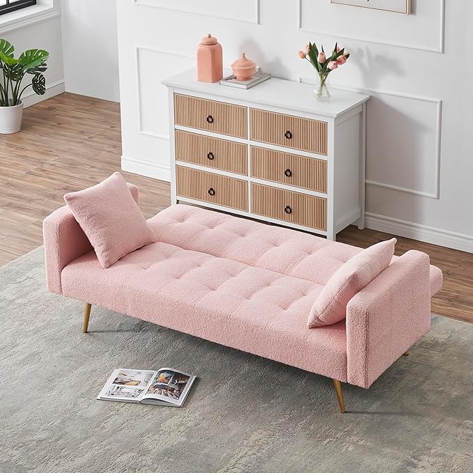 Eafurn Tufted Futon Sofa Bed, Teddy Futon Loveseat Couch Adjustable Recliner Sleeper Sofa Bed with Golden Metal Legs and 2 Pillows for Living Room, Apartment, Office,Small Love Seat | Golden Legs, Wood Frame
