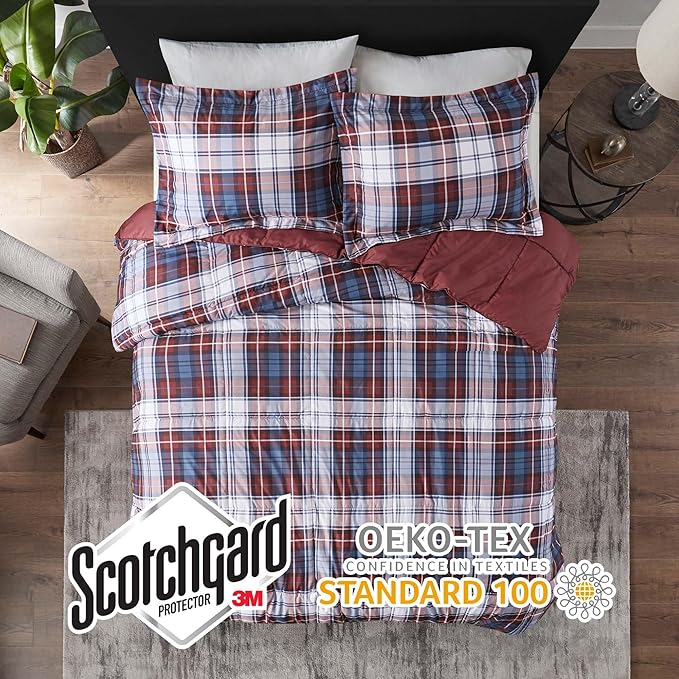 Madison Park Essentials Parkston Plaid Comforter, Matching Sham, 3M Scotchguard Stain Release Cover, Hypoallergenic All Season Bedding-Set, Full/Queen, Red, 3 Piece