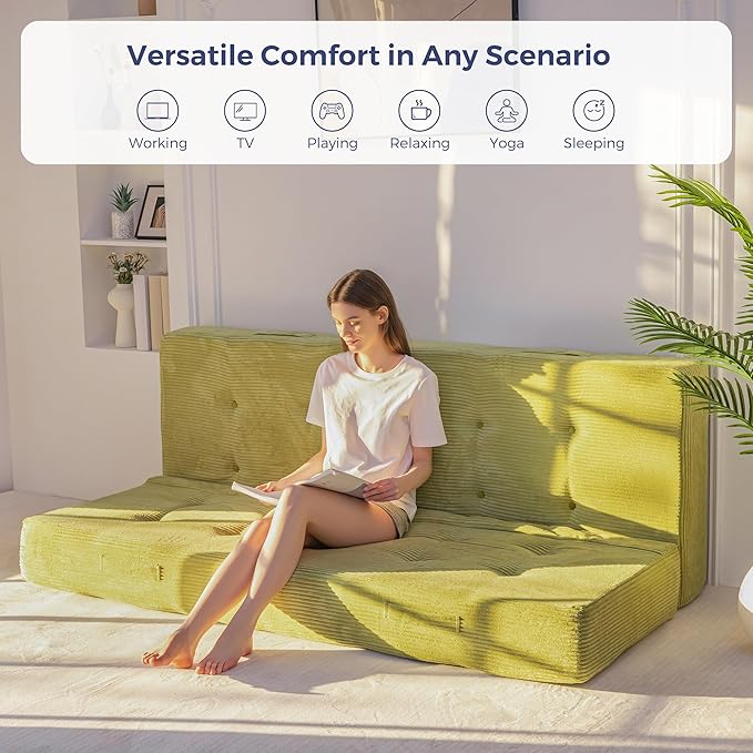 MAXYOYO 8" Foldable Floor Sofa Bed, Tufted Foldable Couch Bed Thick Folding Mattress with Handles, Versatile Folding Sofa Couch for Floor Sleeping, Living Room & Guest Room, Green