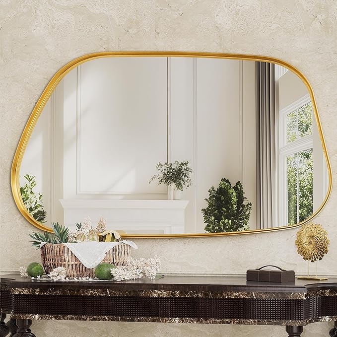 Irregular Wall Mirror 55"x28" Bathroom Mirrors Asymmetrical Artistic Decorative for Living Room Bedroom Bathroom Hallway Entryway,Trapezoid,Gold