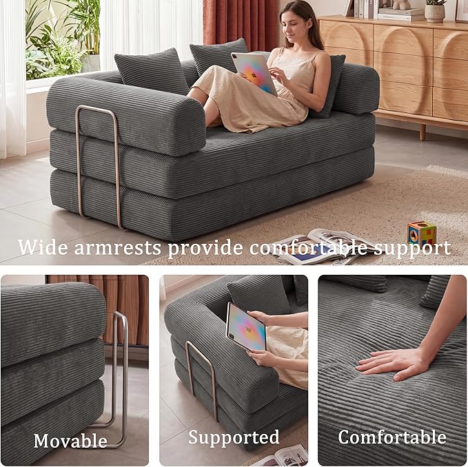 HouseMila 53.15" Boneless Couch,4-in-1 Futon Sofa Bed Modular Loveseat Sleeper Folding Compressed Couch with Pillows,No Assembly Required Convertible Sofa Bed for Living Room Bedroom Guest Room,Grey