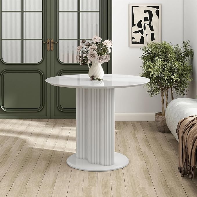 Homes: Inside + Out Elara Modern 39-inch Round Dining Table with Fluted Pedestal Base, Seats up to 4, for Home Kitchen, Living Room, Glossy White