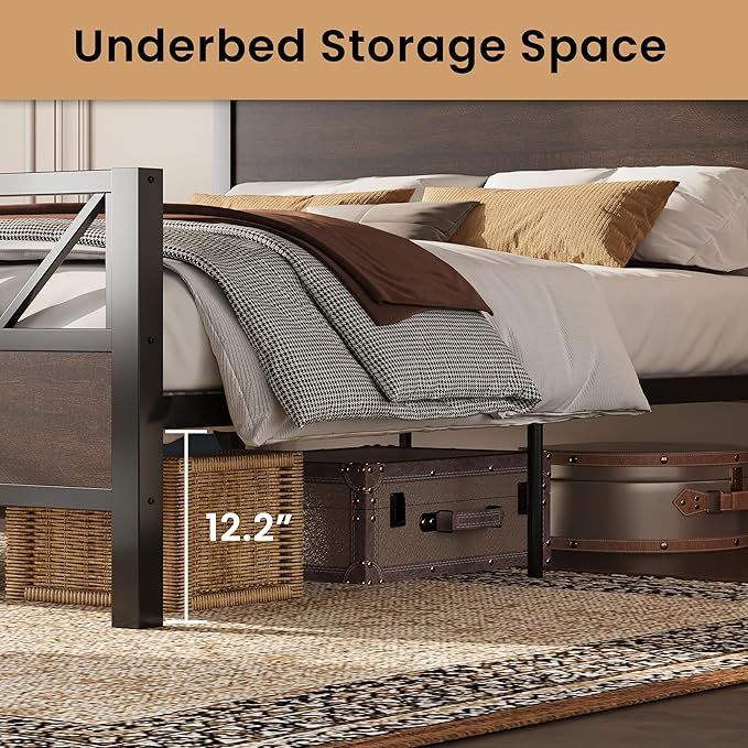 LIKIMIO California King Bed Frame, Tall Industrial Headboard 51.1 ", Platform Bed Frame with Strong Metal Support, Solid and Stable, Noise Free, No Box Spring Needed, Easy Assembly, Dark Brown