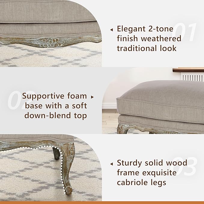Lexicon Parlier Show Wood Ottoman - Rectangle Ottoman Pouf Foot Rest, Floral Motif, Solid Wood Frame, Feathered Down Filled Cushion, Fully Assembled, 32" L x 25.5" W x 20.5" H, Neutral