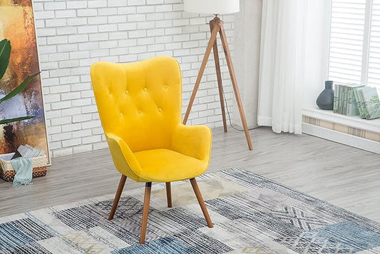 Roundhill Furniture AC155YL Doarnin Silky Velvet Tufted Button Accent Chair, Yellow 30D x 41.5W x 26.8H in