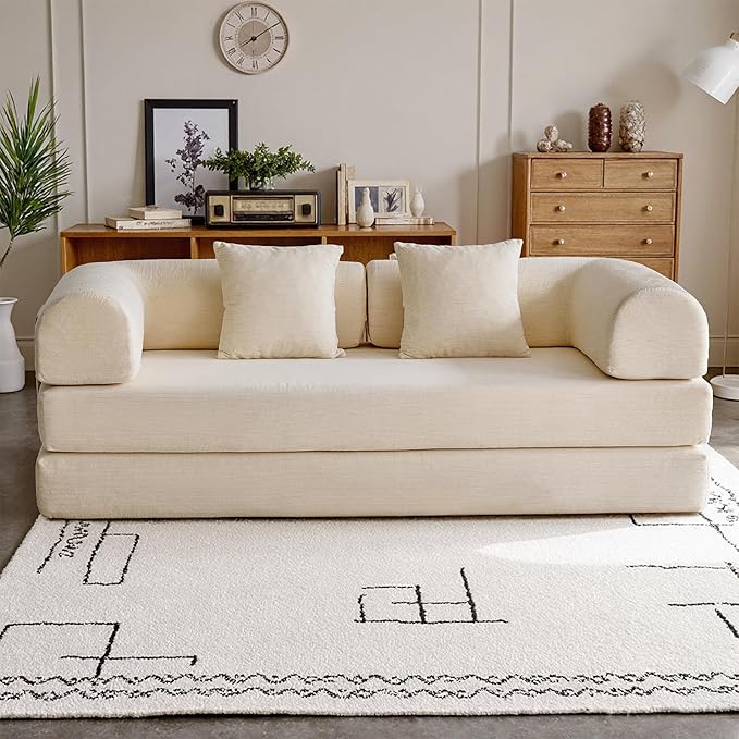 87'' Convertible Compressed Corduroy Folding Cloud Sofa Bed, Modern Modular Boneless Pull Out 3 Seater Sleeper in a Box, 5 in 1 Foldable Floor Mattress Couch, No Assembly Needed, Beige, Pillows, King