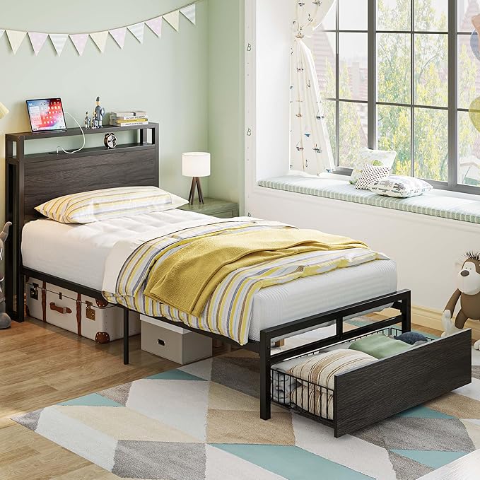 LIKIMIO Twin Bed Frames with Drawer, Storage Headboard with Outlets, No Box Spring Needed, Easy Assembly, Gray Black