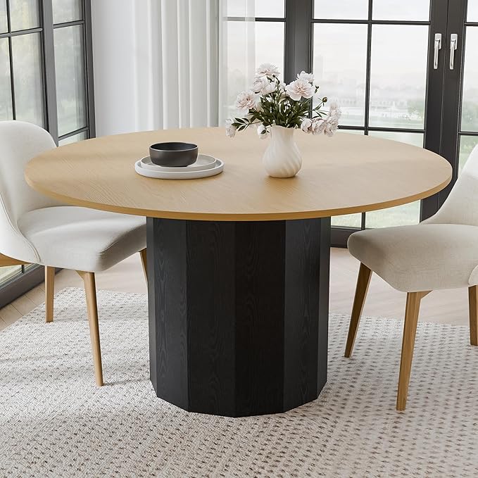 Modern Round Dining Table for 6 People, Casaphoria 52 Inch Wood Top & Black Base, Two-Tone Design for Dining Room