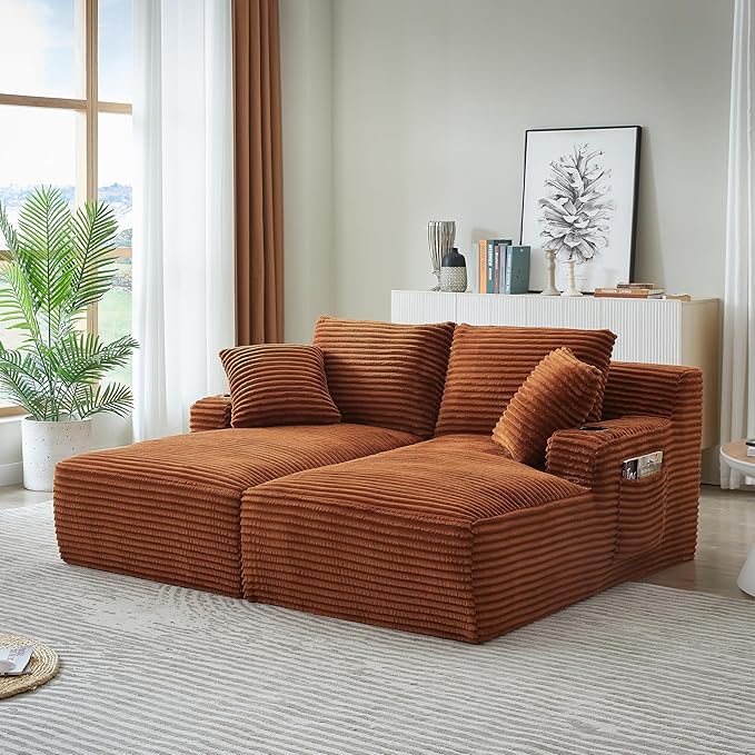 KEIKI Compressible Double Chaise Lounge with Cupholders, Comfortable Corduroy Sleeper Loveseat for Home Office or Studio, Boneless Chaise Lounge Indoor with Spring Support, No Assembly Required