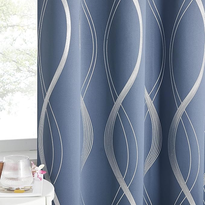 NICETOWN Kitchen Blackout Curtain Panels, Stone Blue, Set of 2, 42 by 48 Inch, Window Treatment Thermal Insulated Blackout Wave Line Foil Print Design Curtains for Kitchen, Cafe, Loft