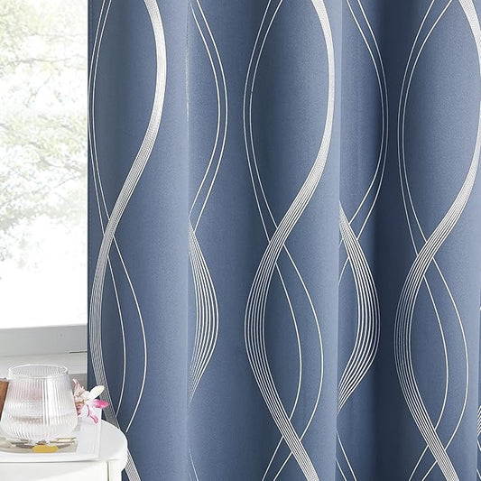 NICETOWN Kitchen Blackout Curtain Panels, Stone Blue, Set of 2, 42 by 48 Inch, Window Treatment Thermal Insulated Blackout Wave Line Foil Print Design Curtains for Kitchen, Cafe, Loft