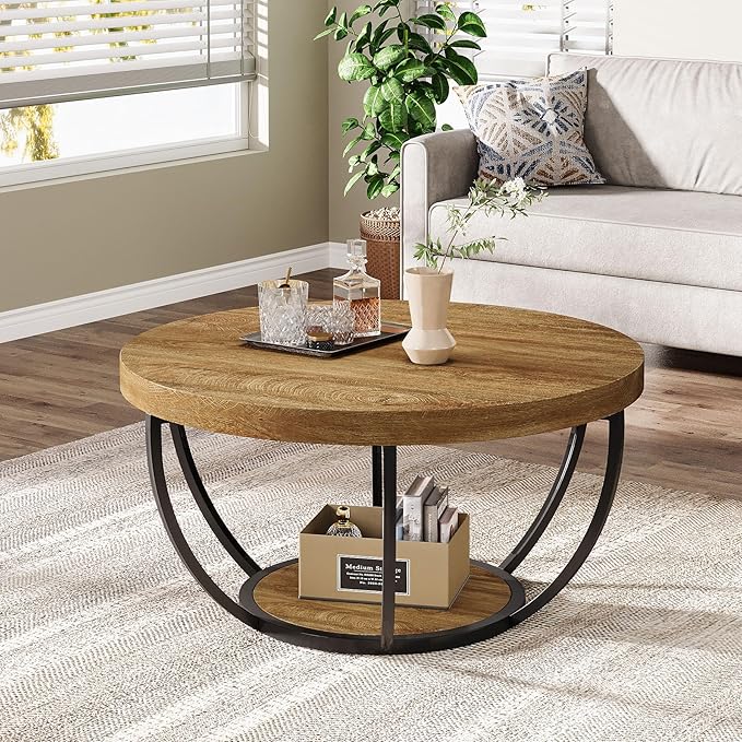 Tribesigns Round Coffee Table, 31.7" Wooden 2-Tier Circle Coffee Table with Storage Shelves, Modern Accent Cocktail Table Center Table for Living Room, Natural Wood Brown