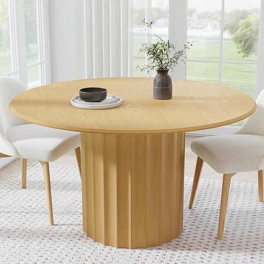 Casaphoria 52" Round Dining Table, Modern Wood Kitchen Table with Cylindrical Wide Bar Concave Base for Living Room & Dining Room, Easy Assembly Farmhouse Furniture for 4-6, Oak