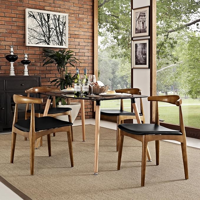 Modway Tracy Mid-Century Modern Wood and Faux Leather Upholstered Four Dining Chairs in Black