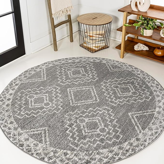 JONATHAN Y Amir Moroccan Beni Souk Gray/Cream 3' Round Indoor Area Rug, Bohemian, Scandinavian, Easy-Cleaning for Living Room, Bedroom, Kitchen, Pet Friendly, Non-Shedding (MOH200C-3R)