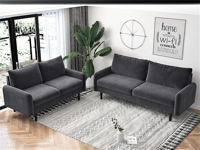Container Furniture Direct Americus Velvet Upholstered Sofa and Loveseat Set, Couches for Living Room with Luxurious Mid Century Modern Design and Wooden Base, 2 Piece, Grey