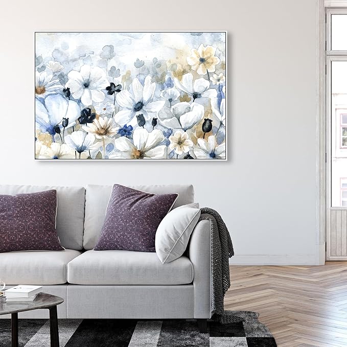 The Oliver Gal Artist Co. Floral and Botanical Wall Art Framed Canvas Prints 'Fields Flowers Home Décor, 54" x 36", Blue, White