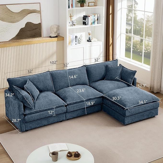 Eafurn Oversized Reversible Modular Sectional Sofa with Movable Ottoman, 4 Seater Convertible L Shaped Corner Couch Modern Chenille Sofa Set w/Double Layers Seat Cushions for Living Room Apartment | Deep Seat, Easy Assembly, 2-layer Cushions, DIY Combi...