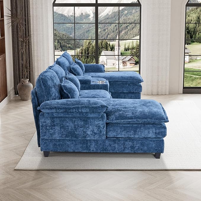 133" Oversized U Shaped Cloud Couch Modular Sectional Couches for Living Room Comfy Chenille Deep Seat Sofa Set with Double Chaise Lounge, Storage Central Console, Cup Holders, USB Port, Blue