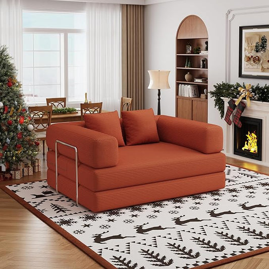 BSHOMGI Folding Sofa Bed, 4 in 1 Convertible Sofas to Lounger Comfy Single Bean Bag Chair Floor Portable Foldable Sleeper Lazy Futon Couch Chair for Bedroom, Living Room (Orange, 53.15" Double Sofa)