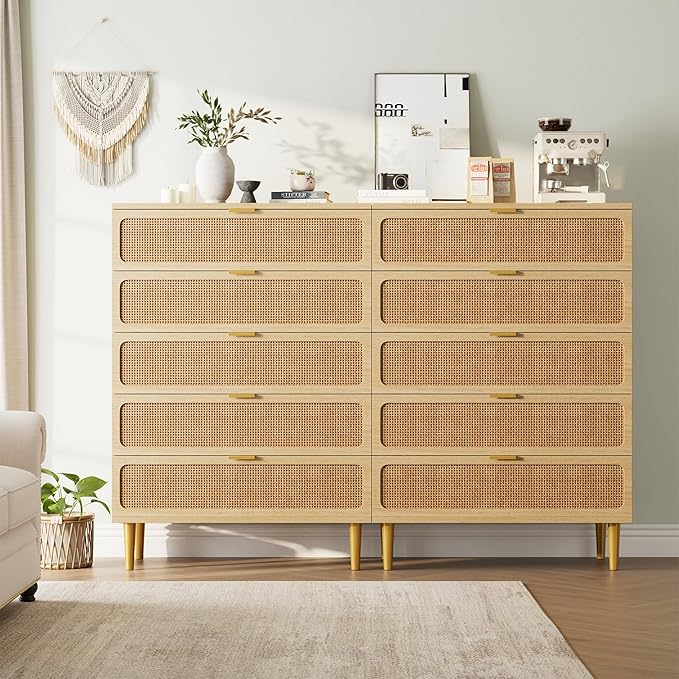 GarveeHome Rattan 5 Drawer Dressers for Bedroom, Tall Dresser with Deep Drawers, Large Chest of Drawers for Closet with Wide Top, Long Wooden Dresser for Living Room, Hallway, Kids Room, Natural