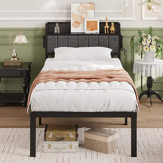 16 Inch Twin Bed Frames with Upholstered Storage Headboard, Heavy Duty Twin Platform Bed No Box Spring Needed, Noise Free, Easy Assembly, Gray