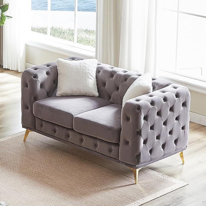 KEIKI 61" Luxury Oversized Velvet Chesterfield Sofa with 2 Pillows, Mid-Century Style 2-Seater Tufted Buttons Couch with High-Density Foam Cushions, Easy Assembly, for Apartment, Living Room, Grey