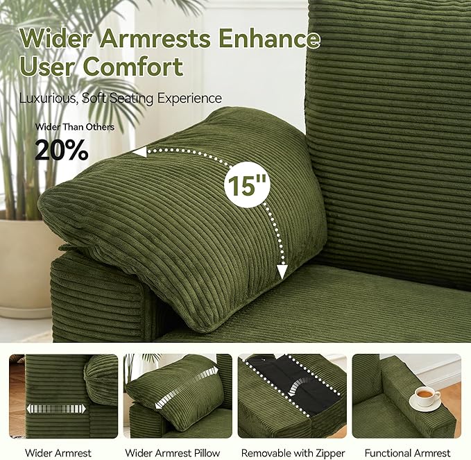 86" Loveseat Sofa Green Corduroy Couch,Modern Cloud Sofa Love Seat, Deep Seat Slipcovered Sofa with 2 Wide Armrest Pillows for Small Spaces Apartment Studio Office Bedroom Living Room