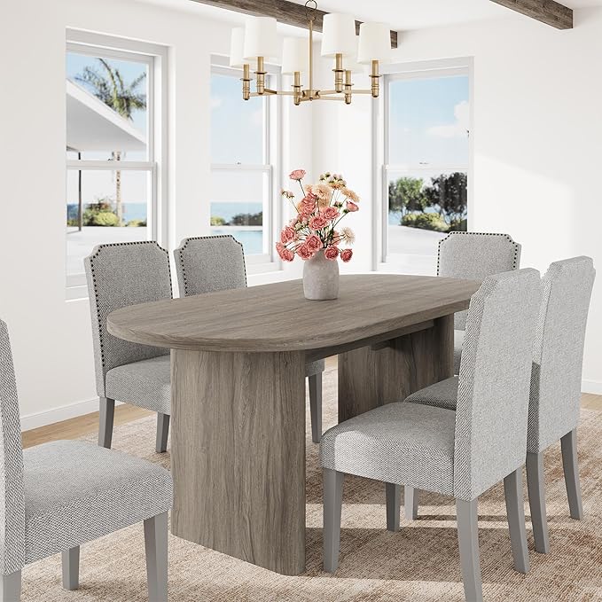 GarveeHome Oval Dining Table for 6-8 People, Long Large Kitchen Table with Thick Sturdy Wooden Base, Farmhouse Dining Room Table for for Kitchen, Living Room, Office (63" Long,Grey Walnut)