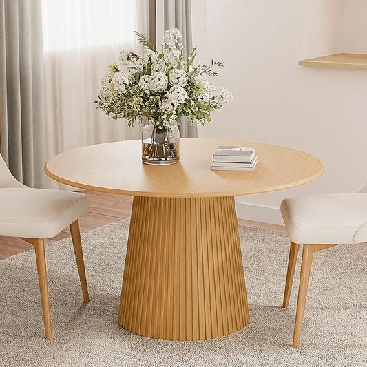 Casaphoria 46" Round Dining Table, Modern Wood Kitchen Table with Cone Grating Bar Base for Living Room & Dining Room, Easy Assembly Farmhouse Furniture for 4-6, Oak