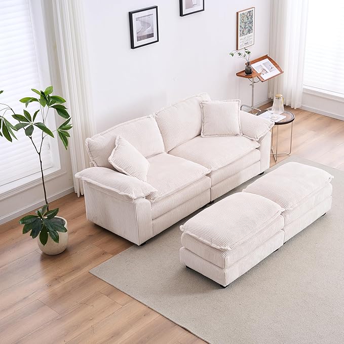 Modular Loveseat Sectional Sofa, 84.6" Corduroy Comfy Sectional Couches for Living Room, 3-Seater Cloud Couches with Movable Ottomans, Flexible Combination Modern Deep Seat Sofa | Thickness Cushions, Solid Wood Frame, Pillow-top Armrest