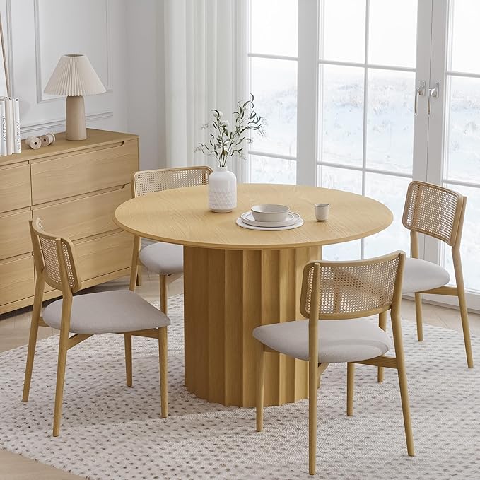 Casaphoria 46" Round Dining Table, Modern Kitchen Table for 4-6, Duckbill Edge Top & Cylinder Wide Strip Concave Leg, Farmhouse Dinner Table for Living Room, Kitchen, Bar, Easy Assembly, Oak