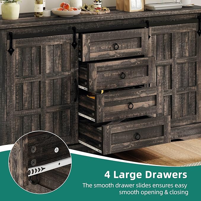 YITAHOME Farmhouse Buffet Cabinet with Storage, 59" Sideboard w/Sliding Barn Doors and 4 Drawers, Kitchen Cabinets for Living Room, Dark Rustic Oak
