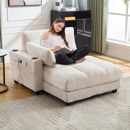 Oversized Lounge Chaise Convertible Sleeper Sofabed, Corduroy Sleeper Daybed Indoor Recliner Chair Sofa Bed with Cupholders and Adjustable Headrests for Living Room Bedroom Reading Home Apartment