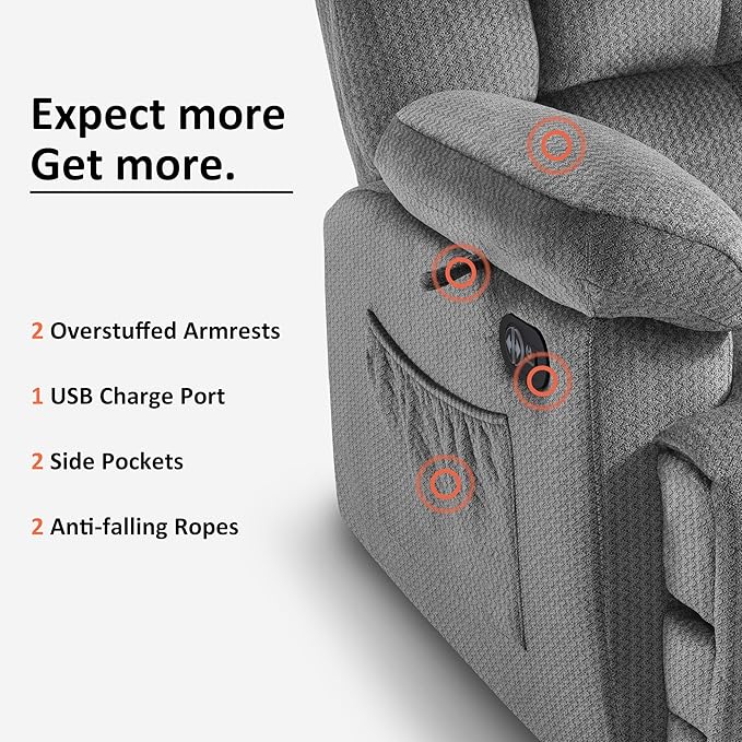 MCombo Zero Gravity Power Recliner Sofa with Drop Down Table, Heat and Vibration Massage, 3 Seater Dual Reclining Couch with USB Ports, Cup Holders for Living Room, Fabric RS6236 (Grey)