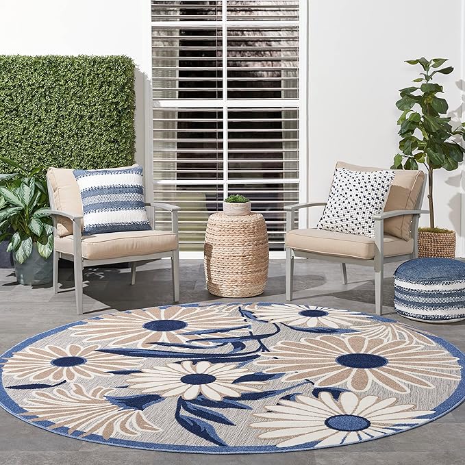 Nourison Home Aloha Blue Grey 7'10" x Round Area Rug - Easy Clean, Non Shedding, Bed Room, Living Room, Dining Room, Kitchen (8' x Round)