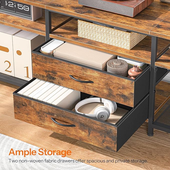 HOOBRO TV Stand with Power Outlet and LED Light, Entertainment Center for TVs Up to 75 Inch, Modern Media Console Table with 2 Non-Woven Drawers, for Living Room, Bedroom, Rustic Brown BF55UDDS01