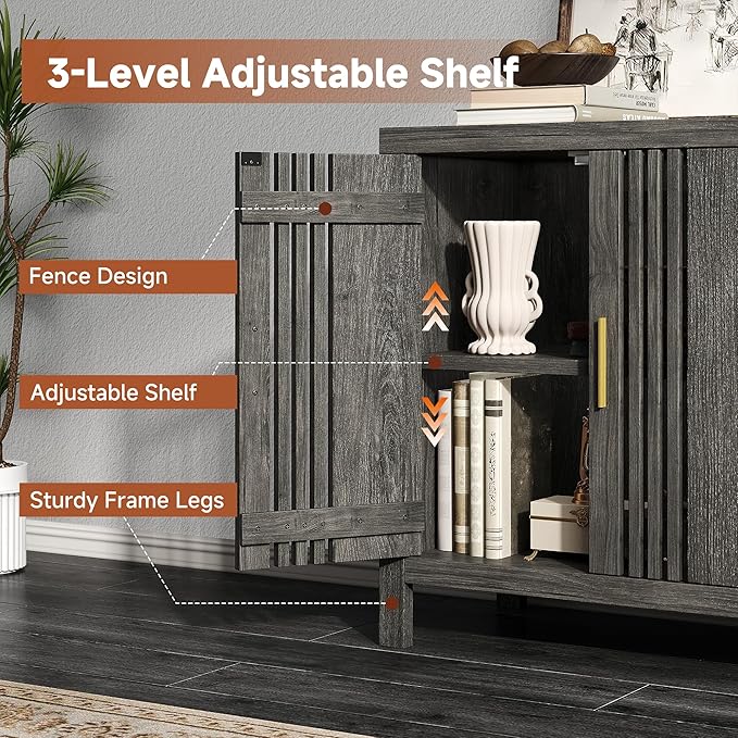Sideboard Buffet Cabinet with Storage, 55" Large Kitchen Buffet Cabinets Farmhouse Storage Cabinet, Wood Coffee Bar Sideboards for Kitchen, Entryway, Living Room, Grey Oak