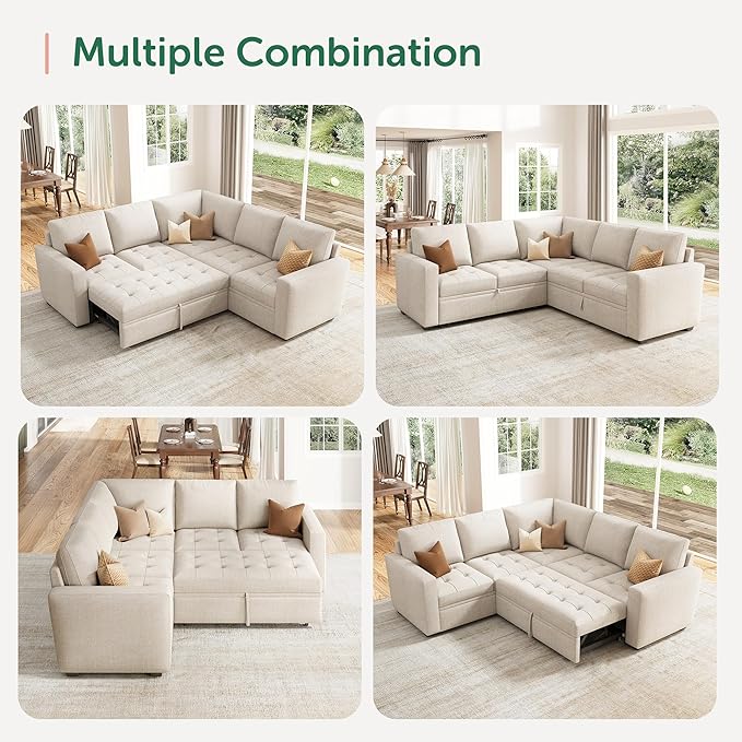 HONBAY Modular Sectional Sleeper Sofa with Pull Out Bed L Shaped Couch with Storage Seat Sectional Couches for Living Room,Beige