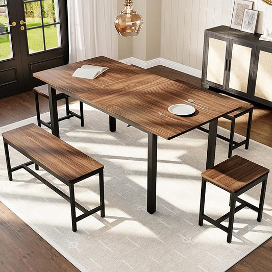 GarveeHome 5-Piece Dining Table Set for 4-8 People, 63 in Large Extendable Kitchen Table Set with 2 Benches and 2 Square Stools, Modern Dining Room Furniture Sets, Easy Assembly, Espresso