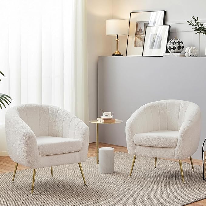 Yaheetech Accent Chair, Modern Cozy Vanity Chair with Gold Metal Legs, Boucle Fabric Armchair with Removable Seat Cushion for Living Room Bedroom Office Guest Room, Ivory, 2 pcs