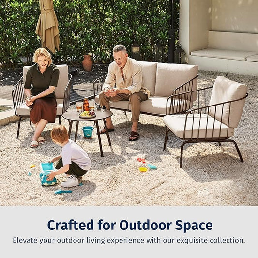 East Oak 4-Piece Plaza Patio Furniture Set, Outdoor Furniture with Thick Cushion Sofa and Coffee Table, Modern Patio Conversation Set for Garden, Backyard and Porch, Brown & Beige